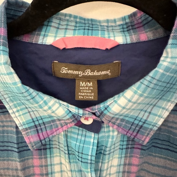 TOMMY BAHAMA M 100% Cotton blue-black plaid long sleeve woman button down - Picture 4 of 11